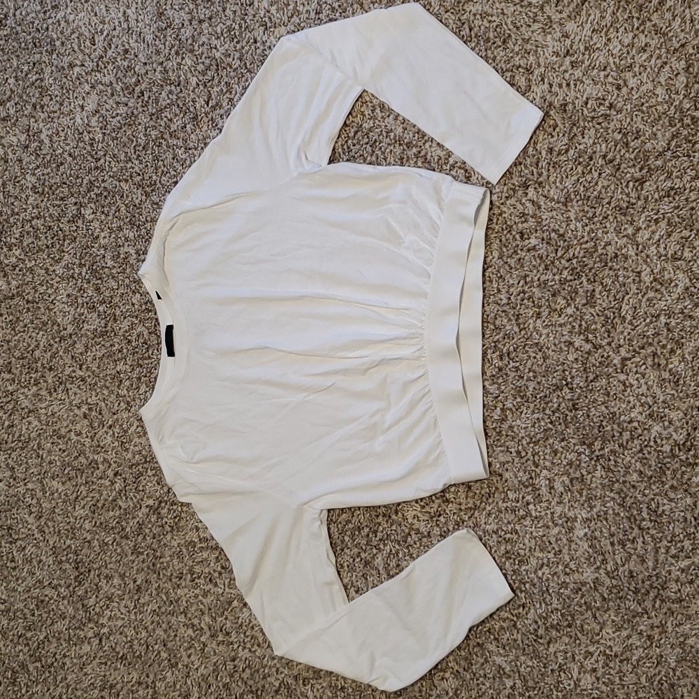 Sale ATM Size S/P White Long Sleeve Crop Top with Pleated Front & Elastic Waist